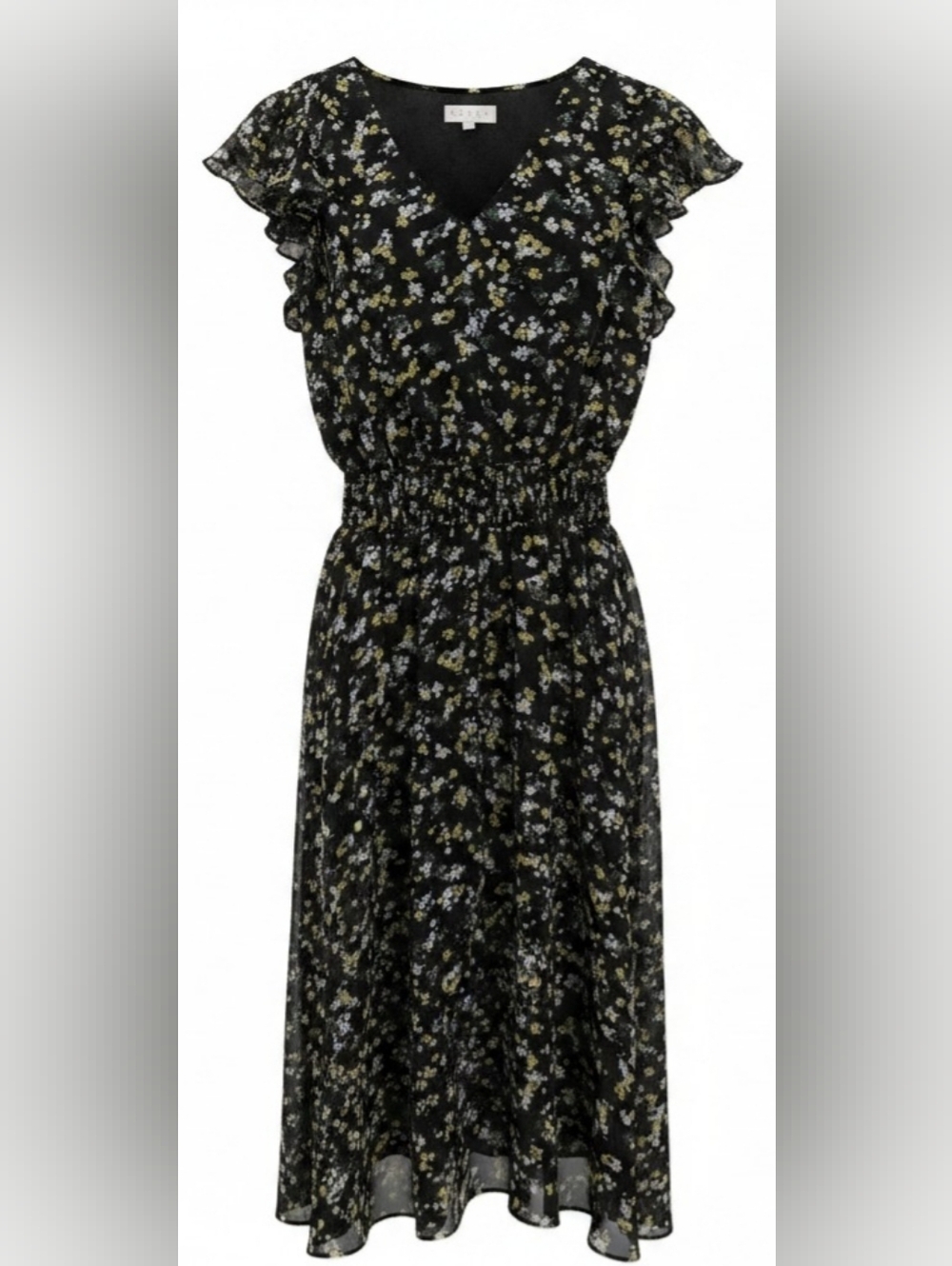 Black Floral Chiffon Midi Dress - Flutter Sleeves & Smocked Waist Size Large